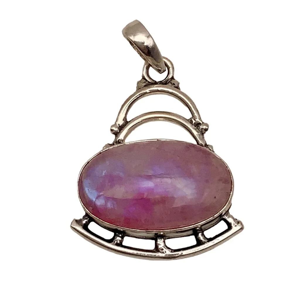 Pink Rainbow Moonstone Solid 925 Sterling Silver Pendant - Picture 4 of 5
